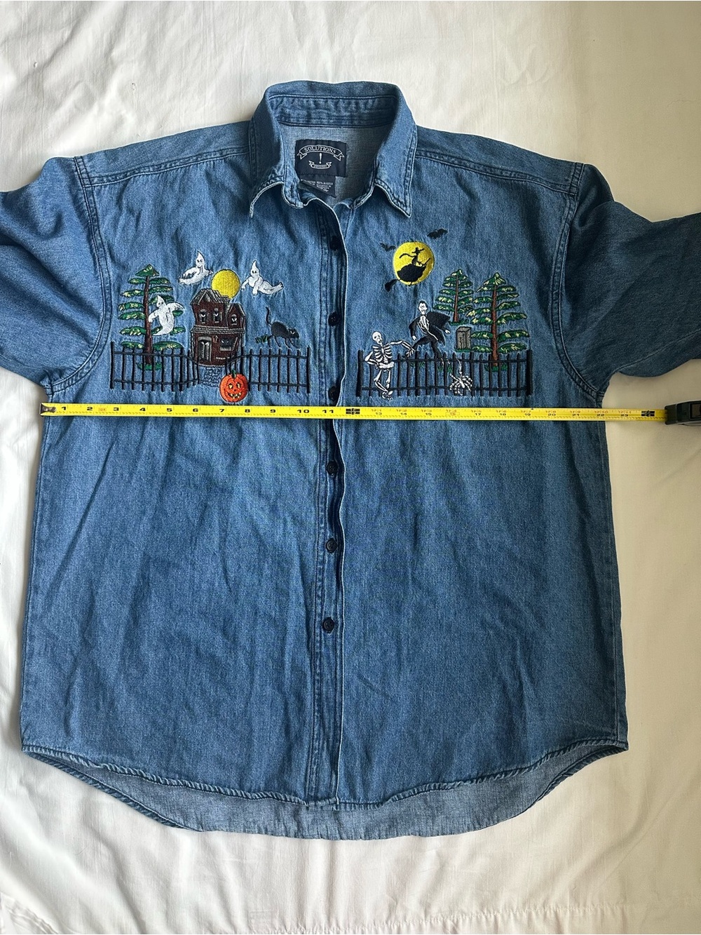 Denim Halloween Embroidered Button-Down 100% Cotton Vintage Shirt - Picture 6 of 15